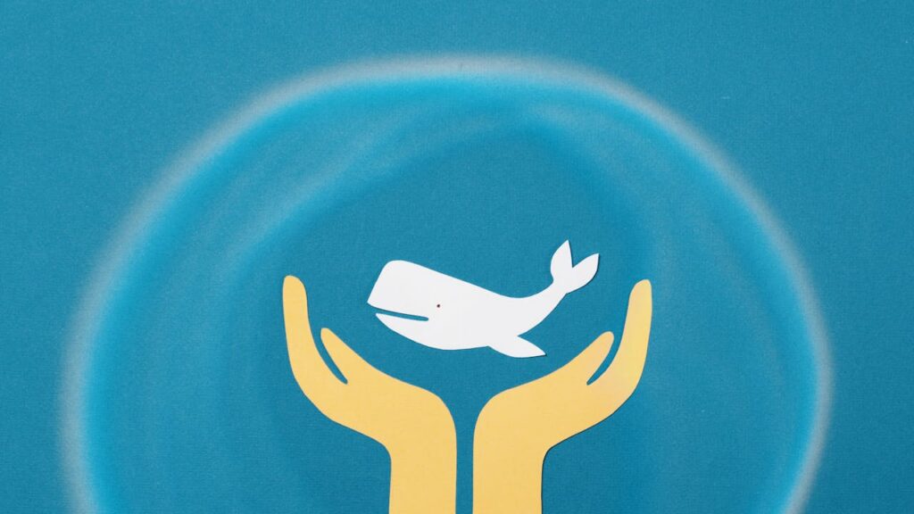 Illustration of hands holding a whale symbolizing ocean conservation and protection.